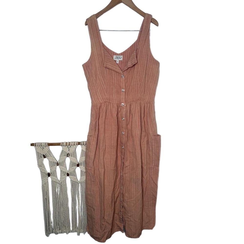 Stela 9 Revolve Dress Peach Pink Midi | Linen Pinstripe Button Front Summer Chic